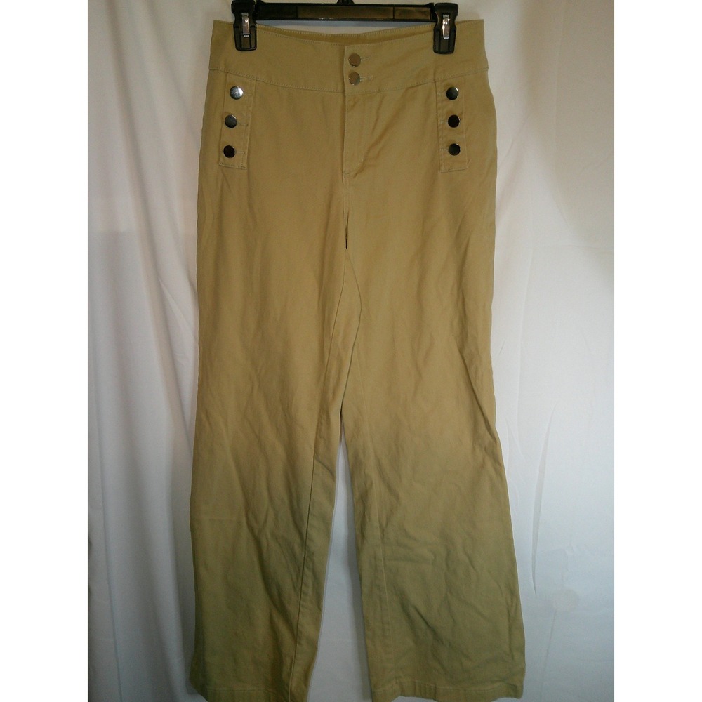 Flamingo Khaki Sailor Pants High Waist Wide Leg Button Accent Women's L